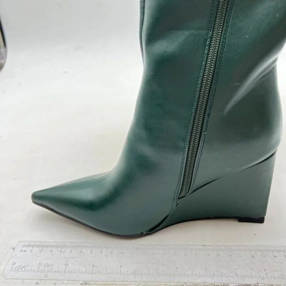 miss left Women Wide Calf Knee High Boots Pointed Toe Wedge High Heels Green
